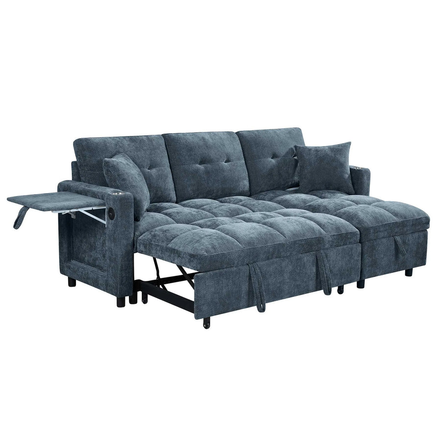 81.8" L-Shaped Sleeper Sofa with Pull Out Bed, Convertible Sectional Couch with Storage Chaise, USB/Type-C Charging and Cup Holders, Plush Chenille Modular Sofa for Living Room, Blue