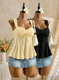 Women Sweetheart Neck Drawstring Ruched Peplum Cami Top Polka Dot Print Sleeveless Casual Camisole Outfit