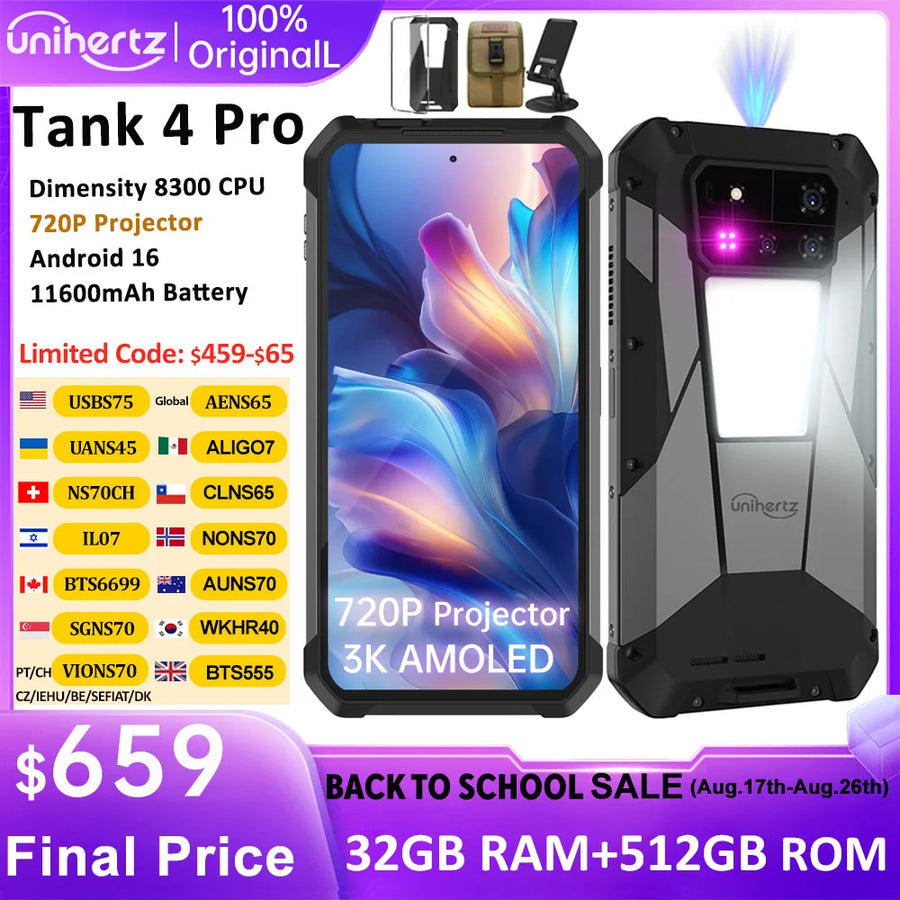 Unihertz by 8849 Tank 4 Pro 5G Phone Built-in 720P Projector Dimensity 8300 16GB/18GB 3k AMOLED 11600mAh IP68/IP69