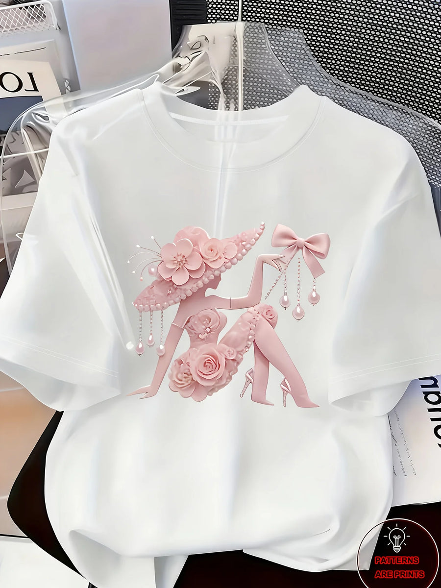 Women's Printed T-Shirt Pearl Diamond Jewelry Women's Design Casual Round Neck Short-sleeved Top Urban Style Printed T-Shirt