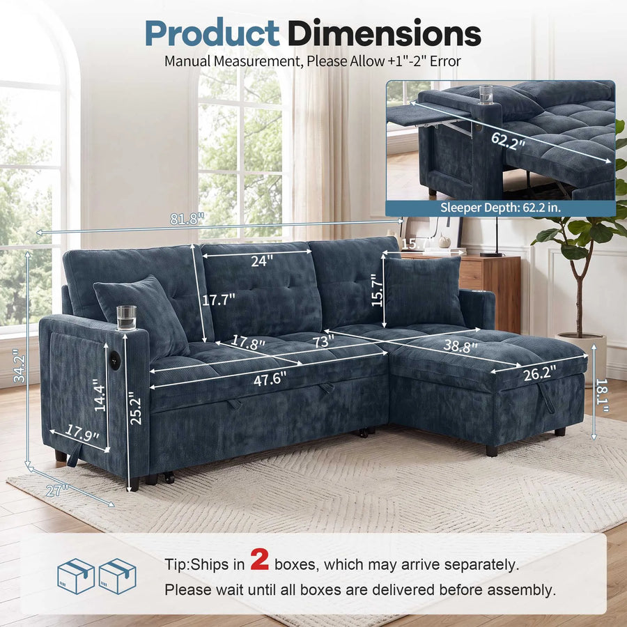81.8" L-Shaped Sleeper Sofa with Pull Out Bed, Convertible Sectional Couch with Storage Chaise, USB/Type-C Charging and Cup Holders, Plush Chenille Modular Sofa for Living Room, Blue