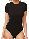 Women Solid Color Slim Fit Short Sleeve Bodysuit Summer Crew Neck Adult Gymnastics Dance Tops Jumpsuit