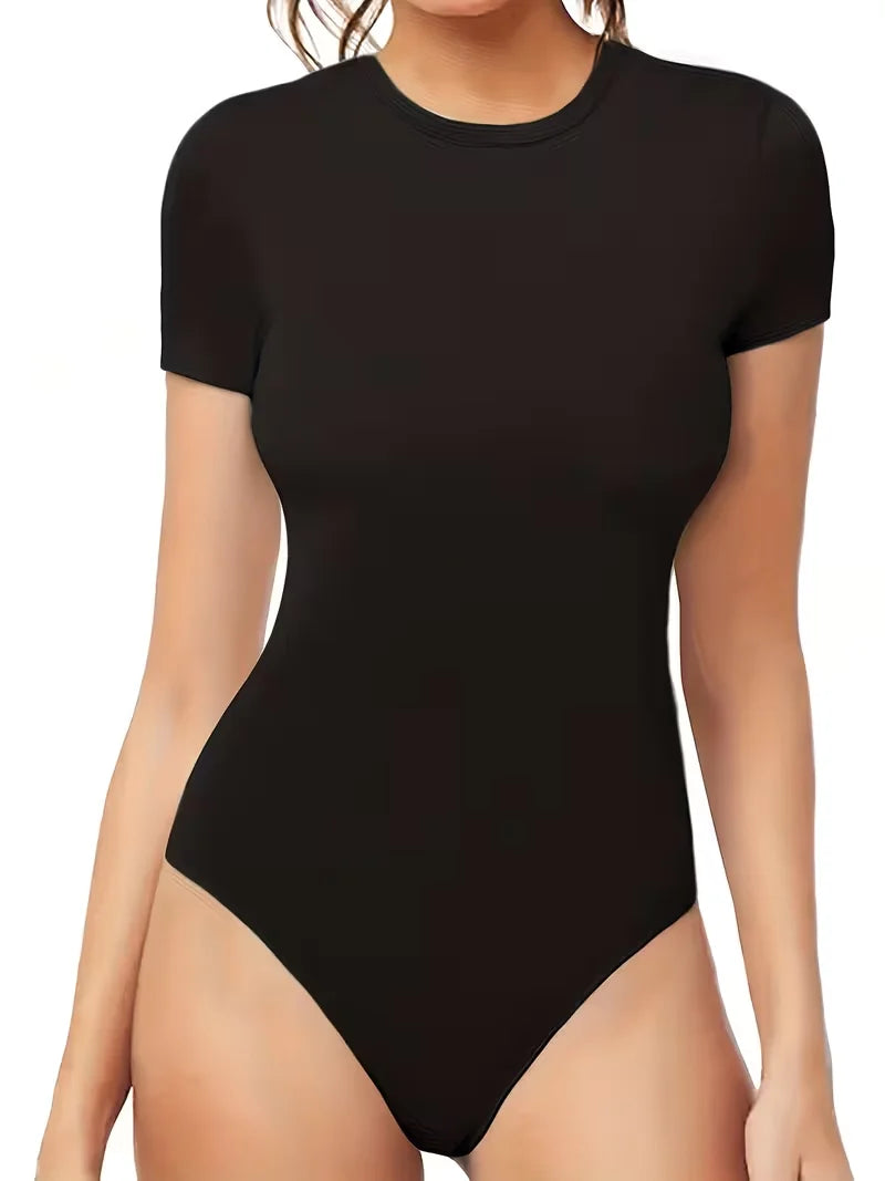 Women Solid Color Slim Fit Short Sleeve Bodysuit Summer Crew Neck Adult Gymnastics Dance Tops Jumpsuit