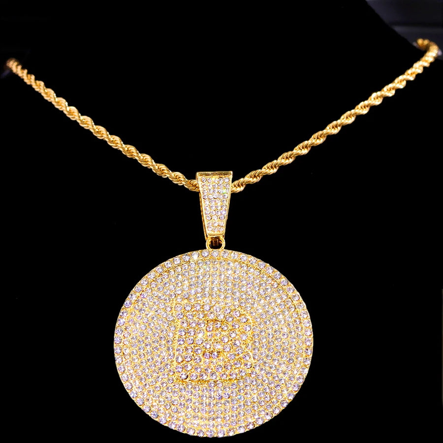 New Bling A-Z Letters Pendant Necklace for Men Women Crystal Miami Cuban Link Chain Round Initials Necklace Fashion Jewelry