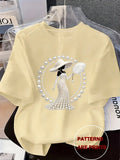 Women's Printed T-Shirt Pearl Diamond Jewelry Women's Design Casual Round Neck Short-sleeved Top Urban Style Printed T-Shirt