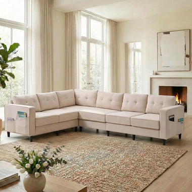 108'' L-Shaped Sofa, Ice Velvet 6-Seater Sectional Couch with Side Pockets, Modern Storage Sofa for Living Room,, Customized