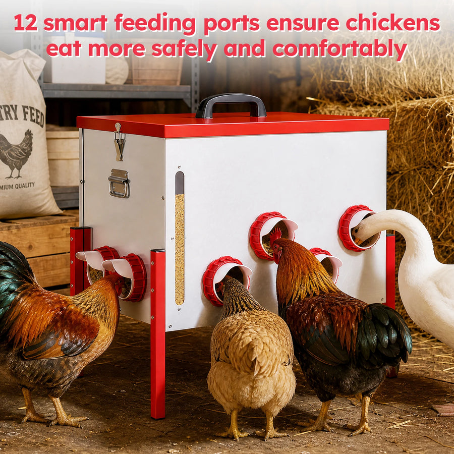 Automatic Chicken Feeder 130LBS Large Capacity 12 Anti-Waste Ports Metal Poultry Feeder with Height Adjustable Stand Waterproof Rodent Proof Feed Box with Lid Viewing Window for Hens Ducks Geese