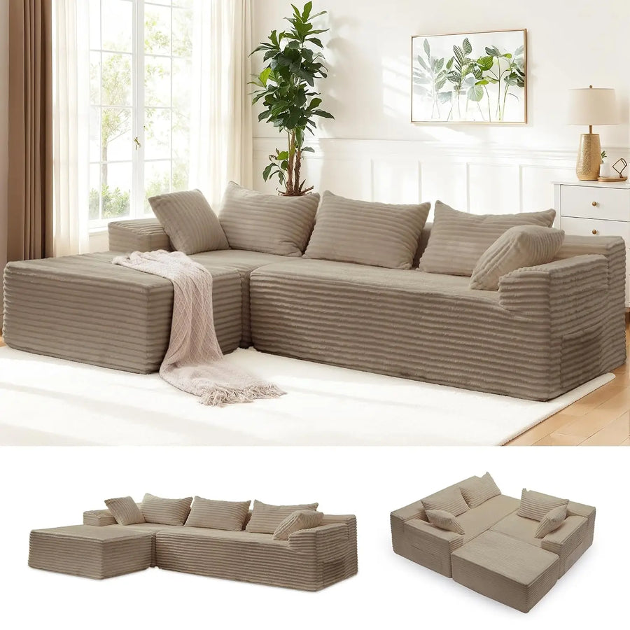108" L-Shaped Boneless Corduroy Modular Sofa, Fluffy Sectional with Deep Seat & Side Chaise, Custom