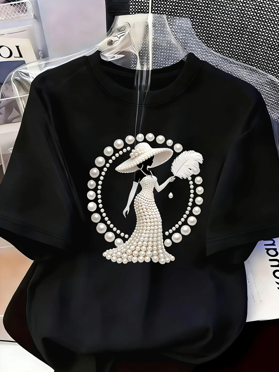 Women's Printed T-Shirt Pearl Diamond Jewelry Women's Design Casual Round Neck Short-sleeved Top Urban Style Printed T-Shirt