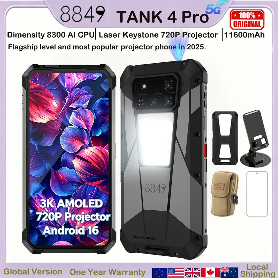 8849 Tank 4 Pro Unihertz 5G Rugged Projector Smartphone 1TB 36G Android 16 Sports Phone 11600mAh Dimensity8300 AMOLED 120HZ