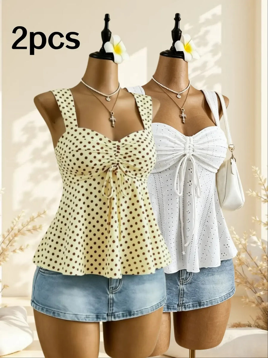 Women Sweetheart Neck Drawstring Ruched Peplum Cami Top Polka Dot Print Sleeveless Casual Camisole Outfit