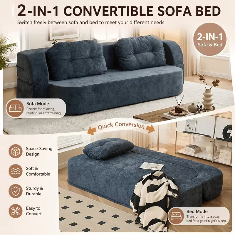 Vacuum Compressed Sofa Bed Convertible 2 in 1 Folding Couch with Soft Cushions Space Saving Floor Sofa for Living Room Bedroom Apartment Guest Room Lounge Modern Upholstered Sleeper Sofa in Blue or Green Easy Setup Comfortable Seating for Adults