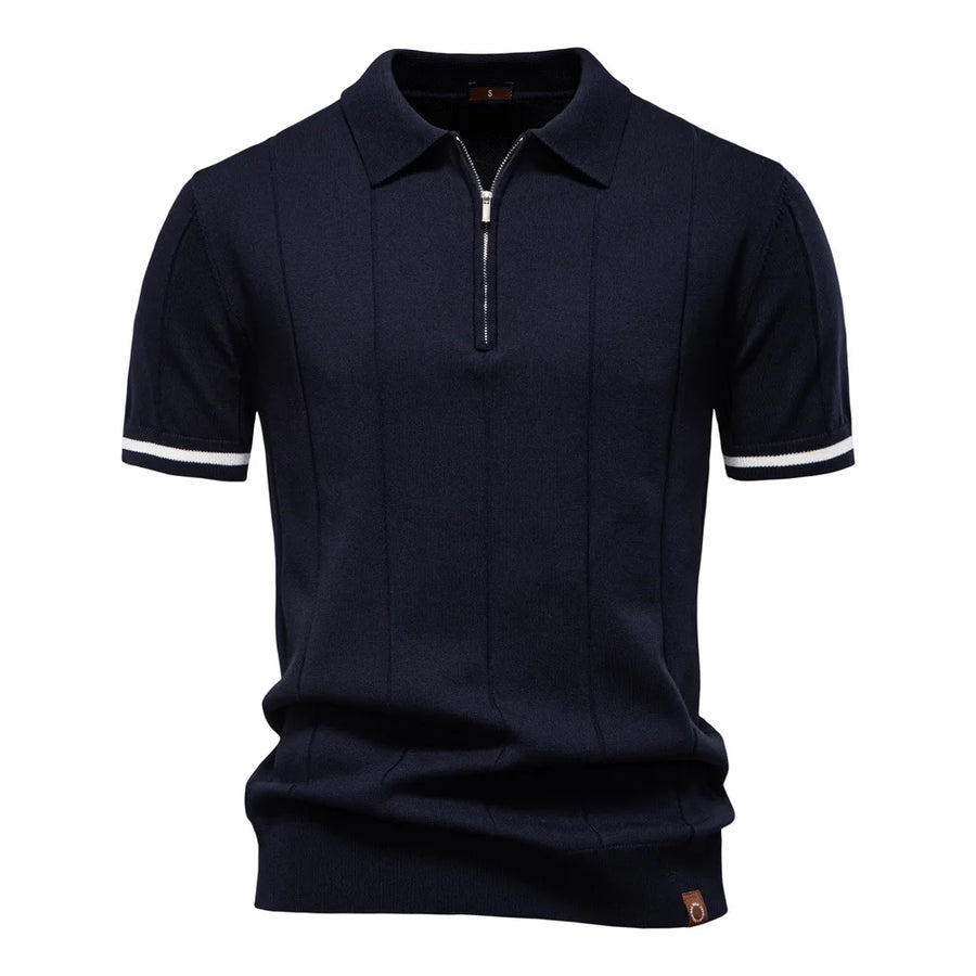 New Men's Business Casual Short-Sleeved Fashion Trend Knitted Polo Shirt with Lapel and Half-Zip Pullover Design.