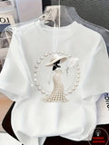 Women's Printed T-Shirt Pearl Diamond Jewelry Women's Design Casual Round Neck Short-sleeved Top Urban Style Printed T-Shirt