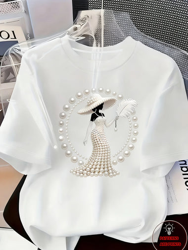 Women's Printed T-Shirt Pearl Diamond Jewelry Women's Design Casual Round Neck Short-sleeved Top Urban Style Printed T-Shirt