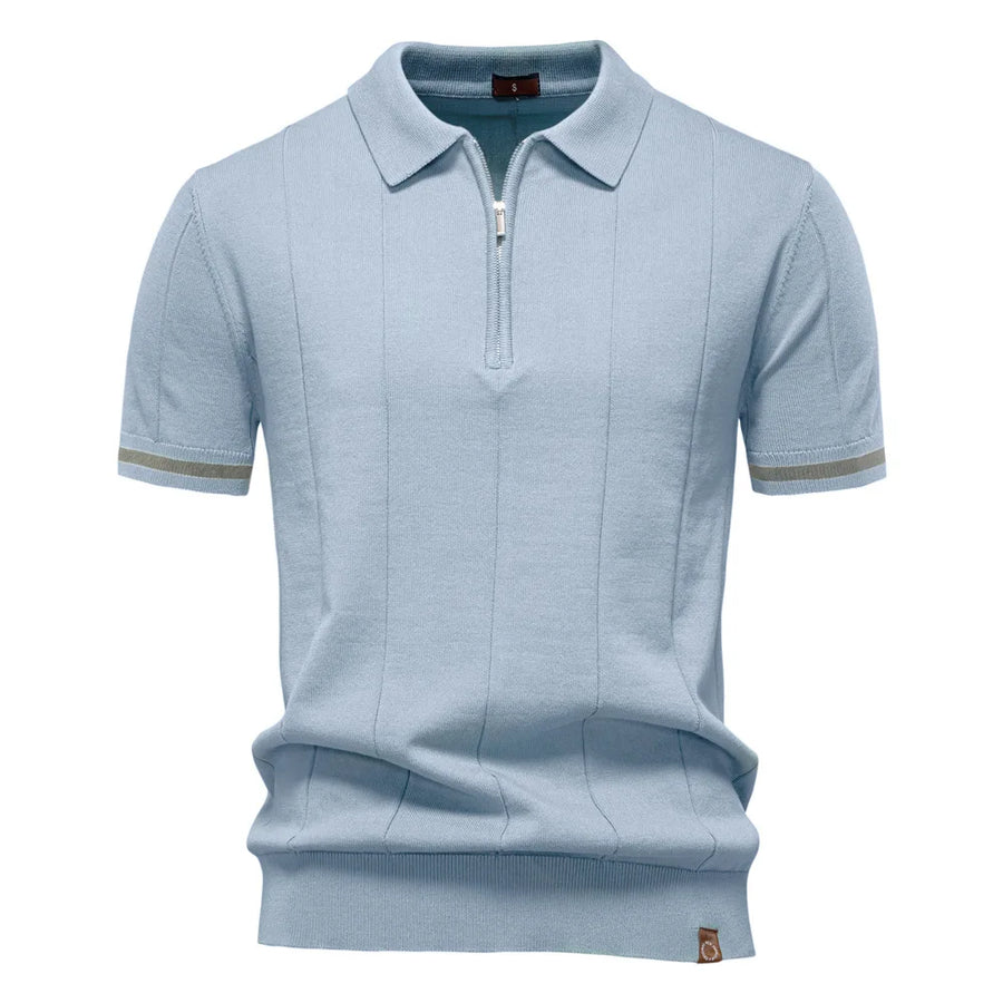 New Men's Business Casual Short-Sleeved Fashion Trend Knitted Polo Shirt with Lapel and Half-Zip Pullover Design.