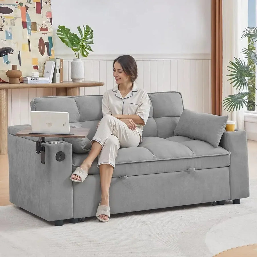 65 Convertible Sofa Bed with Pull-Out Couch, 360° Swivel Side Table, Chenille Fabric, Space-Saving Living Room Furniture, Easy A