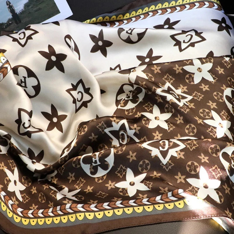 90X90cm 2025 New Women Luxury Print Satin Silk Scarves Square Scarf Hijab Neckerchief Female Hair Ribbon Headband Wrap Bandana