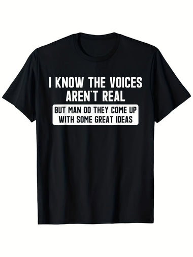 Plus Size - I Understand Those Voices Don'T Actually Exist. Humorous T-Shirt, Featuring a Retro, Quirky Humor Style, Printed with Slogans about Mental Health Issues. Suitable for Casual And Outdoor Wear, Available in Larger Sizes