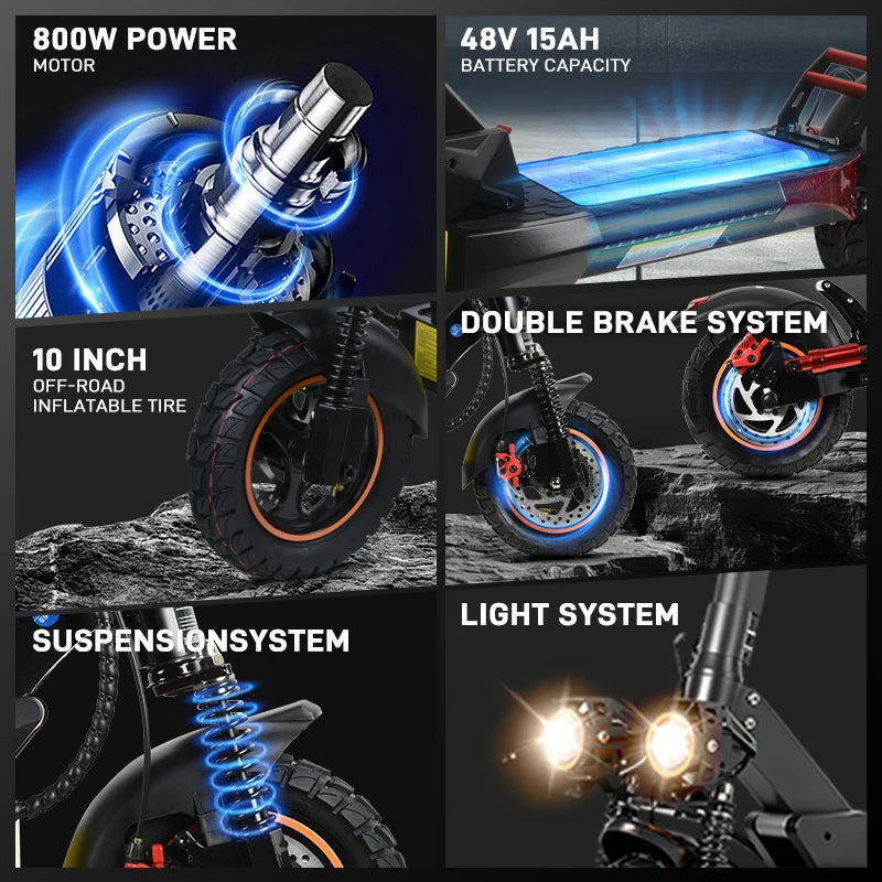 800W 15AH Electric Scooter 10' Off Road Tire Max Speed 28MPH Range 25Miles Dual Shock Absorbing Foldable EScooter
