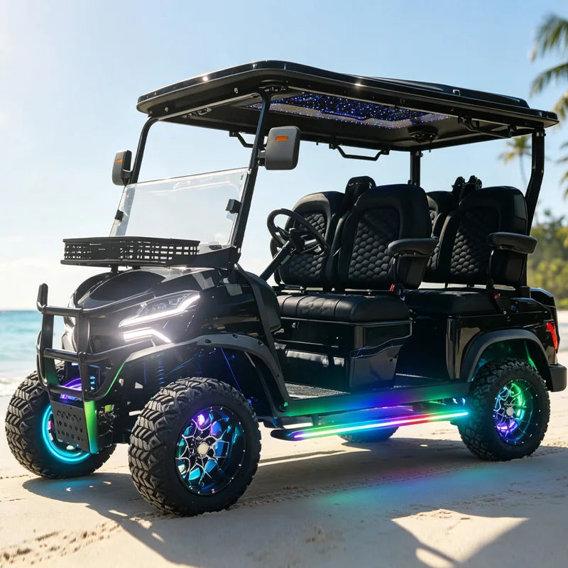 Electric Golf Cart 4 Seater with Colorful RGB LED Underglow Lights Lithium Battery Offroad Golf Buggy