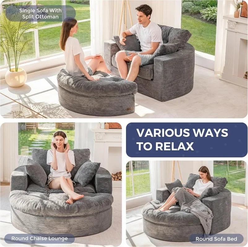 MAXYOYO Oversized Round Chaise Lounge Sofa, Upholstered Lounge Chair with 3 Pillows, Boneless Sofa Couch with Ottoman,Deep Seat