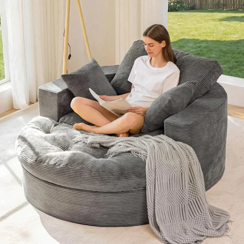 MAXYOYO Oversized Round Chaise Lounge Sofa, Upholstered Lounge Chair with 3 Pillows, Boneless Sofa Couch with Ottoman,Deep Seat