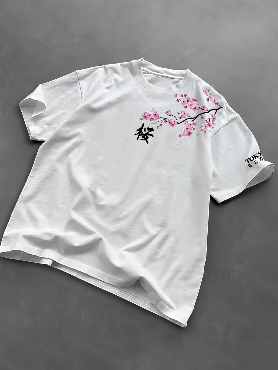 Summer Men Cherry Blossom Pattern Japanese Style Loose-Tee Shirt Suitable for Daily Wear  Material Trendy Versatile