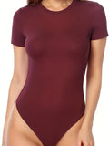 Women Solid Color Slim Fit Short Sleeve Bodysuit Summer Crew Neck Adult Gymnastics Dance Tops Jumpsuit