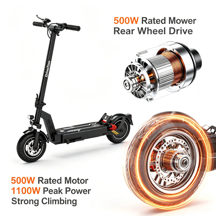 DriveTron DT08 Foldable Adult Electric Scooter 500W 1100W Peak Rear Drive Motor 48V 13Ah Lithium Battery Max 40KM/H 40-60KM Long Range 10 Inch Tubeless Tire Front & Rear Dual Spring Shock EABS Electronic Brake IPX5 Waterproof