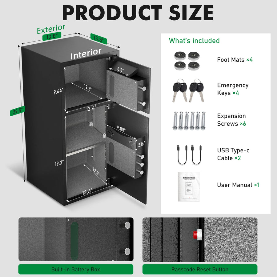 [2026 NEW] 6.5 Cub Large Home Safe Fireproof Waterproof, Fingerprint Drop Safe for Business with Metal Deposit Storage Box