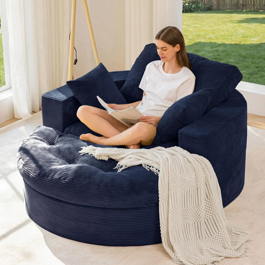MAXYOYO Oversized Round Chaise Lounge Sofa, Upholstered Lounge Chair with 3 Pillows, Boneless Sofa Couch with Ottoman,Deep Seat