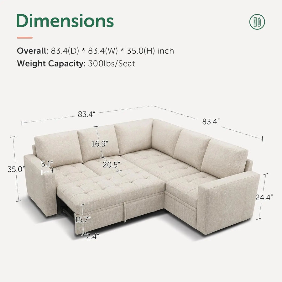 Modular Sectional Sleeper Sofa with Pull Out Bed L Shaped Couch with Storage Seat Sectional Couches for Living, Customized