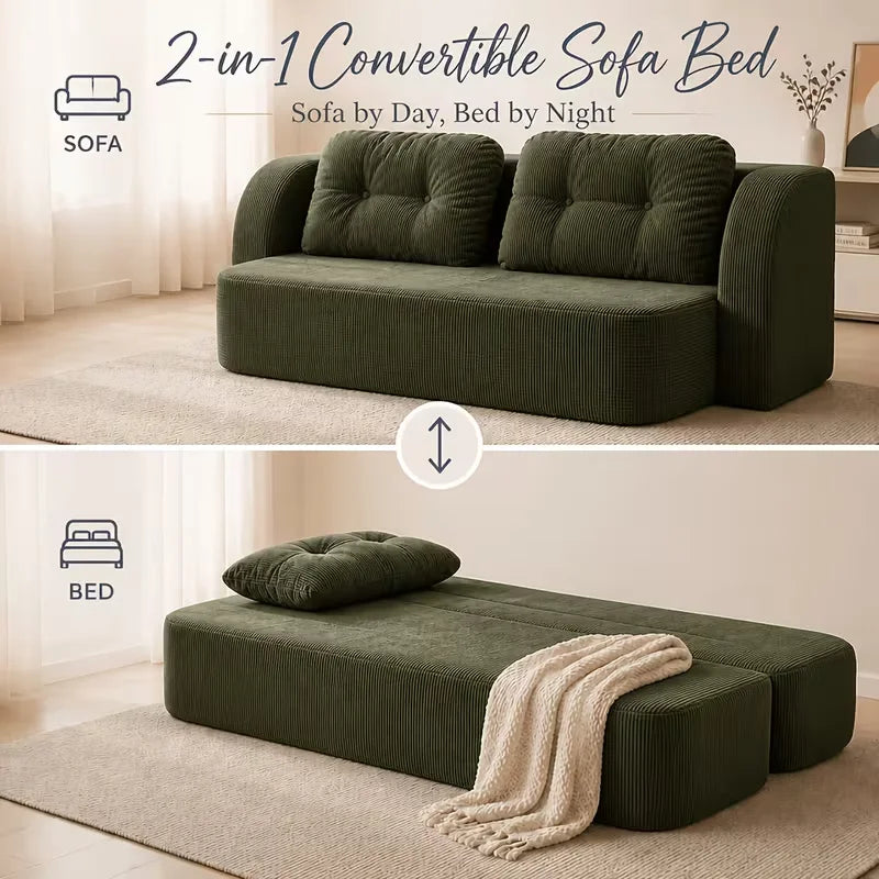 Vacuum Compressed Sofa Bed Convertible 2 in 1 Folding Couch with Soft Cushions Space Saving Floor Sofa for Living Room Bedroom Apartment Guest Room Lounge Modern Upholstered Sleeper Sofa in Blue or Green Easy Setup Comfortable Seating for Adults