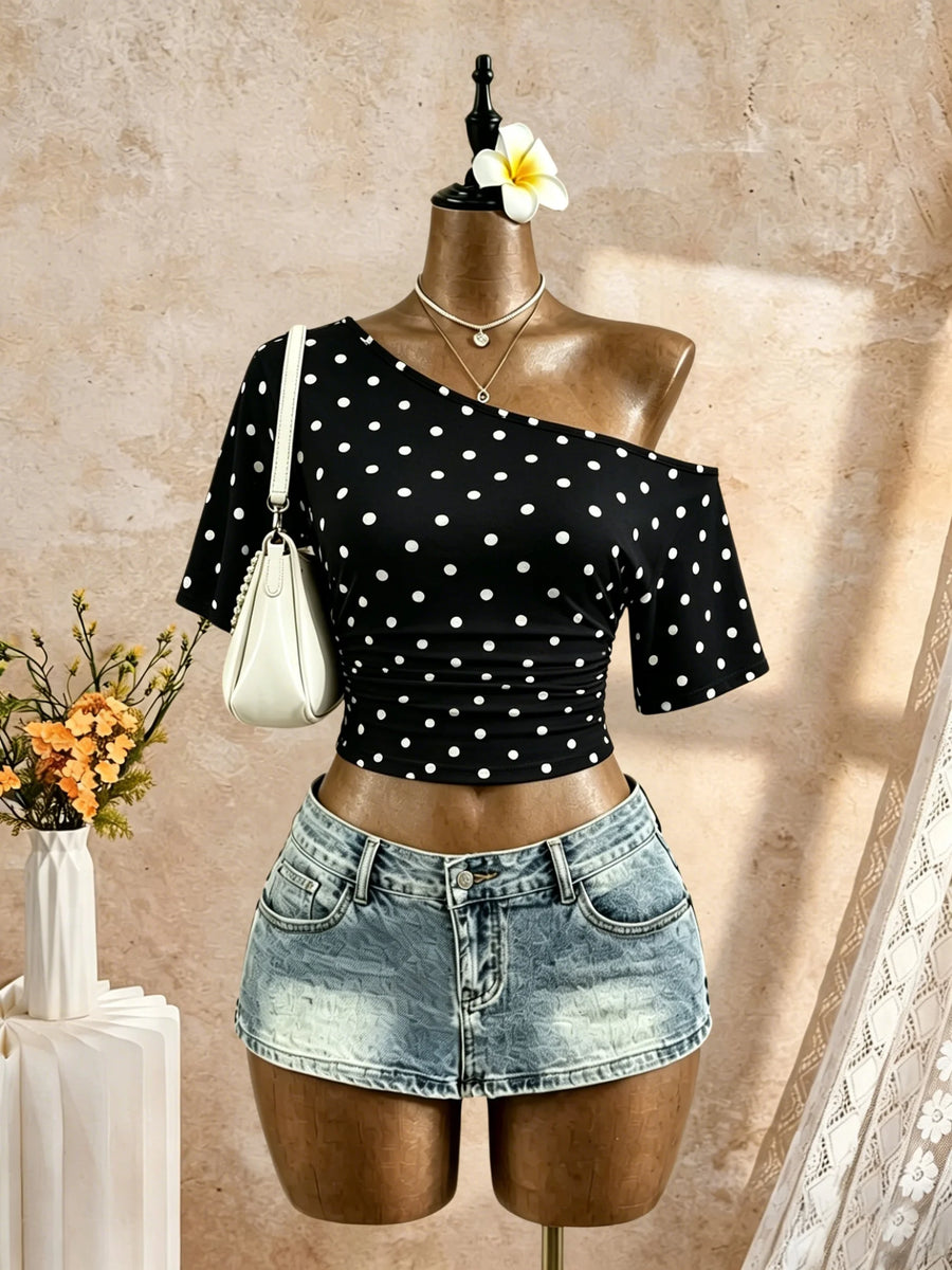 Women One Shoulder Short Sleeve Side Ruched Cropped T Shirt 2026 Summer Y2K Going Out Casual Streetwear Tops