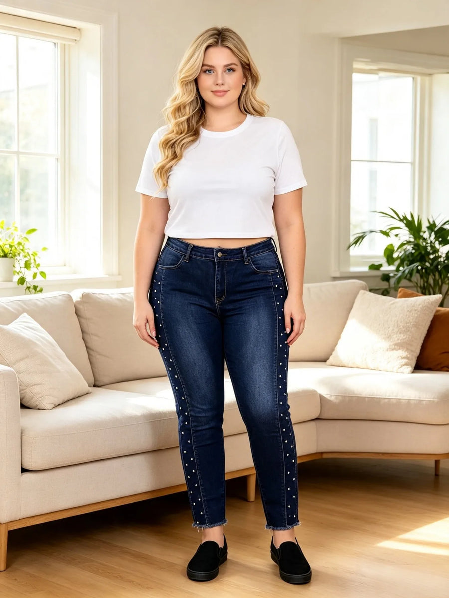 【HME】Jeans | Women High Waist Butt-Lifting Denim Pants, Skinny Ankle Denim Jeans With Side Button Details, Light Distressed Wash Stretch Fabric, Figure-Hugging Casual Pants For Date & Daily Outfits