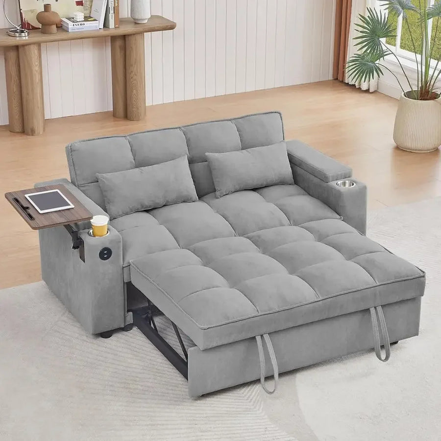 65 Convertible Sofa Bed with Pull-Out Couch, 360° Swivel Side Table, Chenille Fabric, Space-Saving Living Room Furniture, Easy A