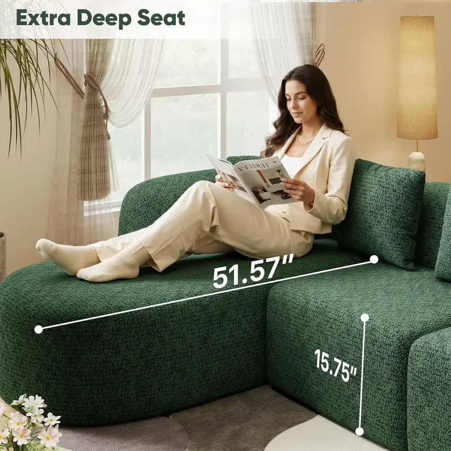 Green Oversized L-Shaped Sectional Sofa with Deep Seat and Chaise for Living Room or Bedroom, Ready to Use