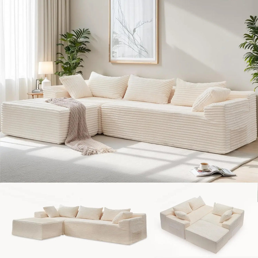 108" L-Shaped Boneless Corduroy Modular Sofa, Fluffy Sectional with Deep Seat & Side Chaise, Custom