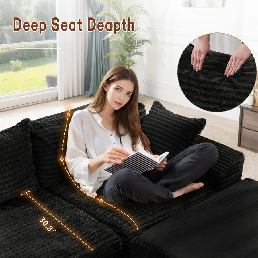 108" L-Shaped Boneless Corduroy Modular Sofa, Fluffy Sectional with Deep Seat & Side Chaise, Custom