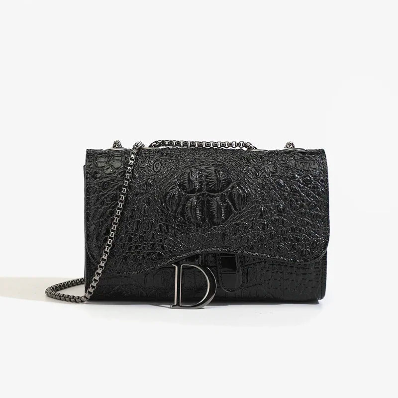 Fashion Ladies Croc Pattern Sequined Chain Crossbody Bag D‑Buckle Shoulder Messenger Handbag Women Evening Party Purse