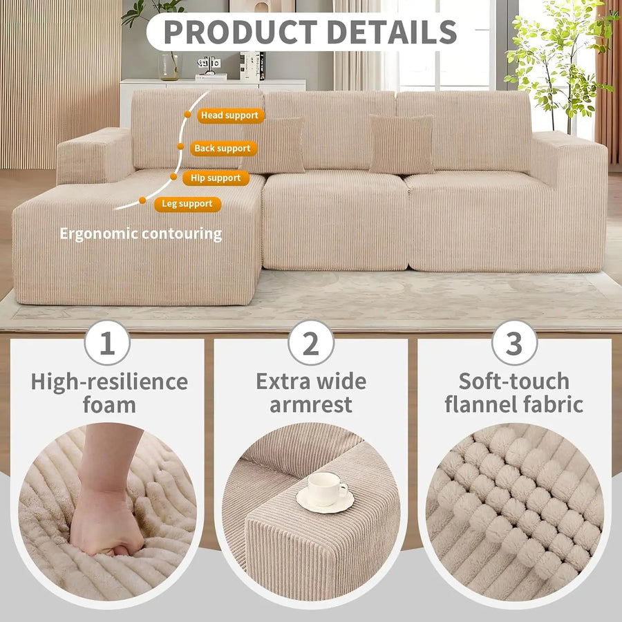 111" Boneless Couches for Living Room 3-Piece Cloud Couch Modular Sectional Deep Seat Compressed Couches for Living, Customized