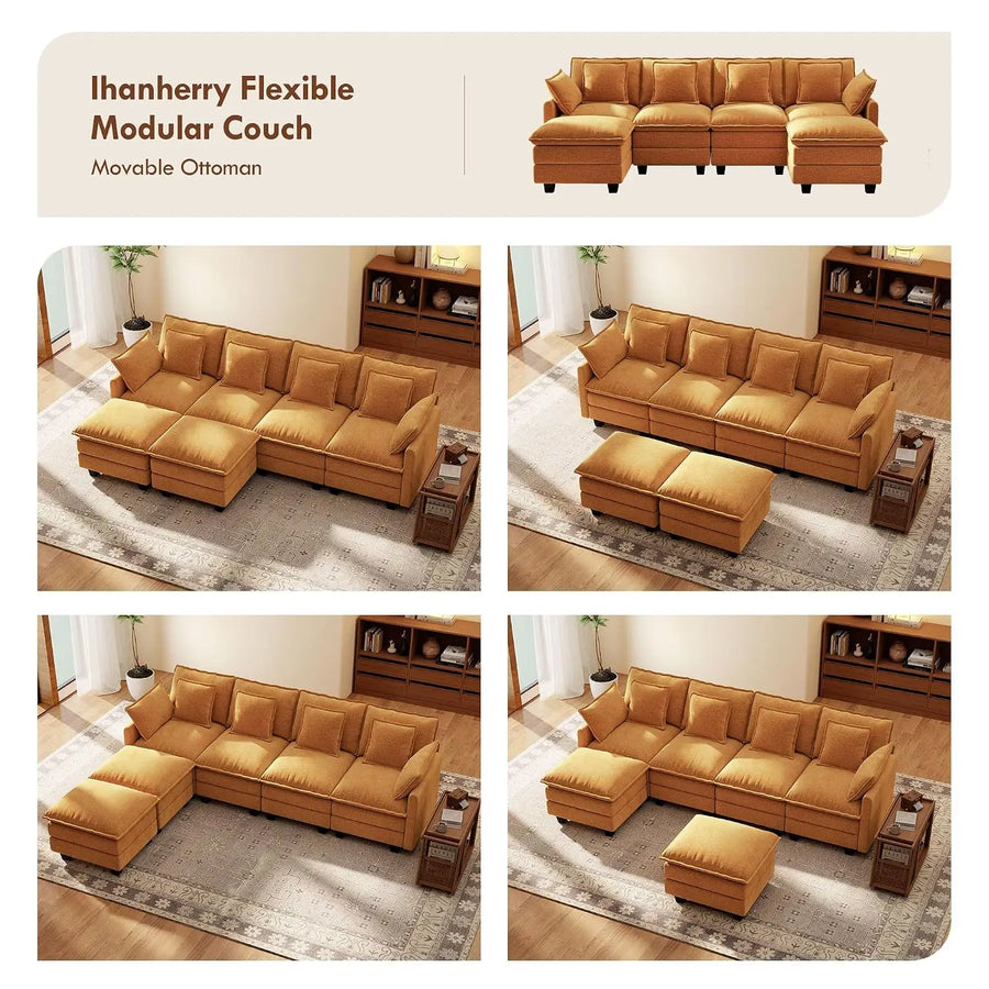107" Modular Sectional Cloud Sofa, U Shaped 6 Seat Chenille Couch with Movable Ottoman and 48" Deep Seat,, Customized
