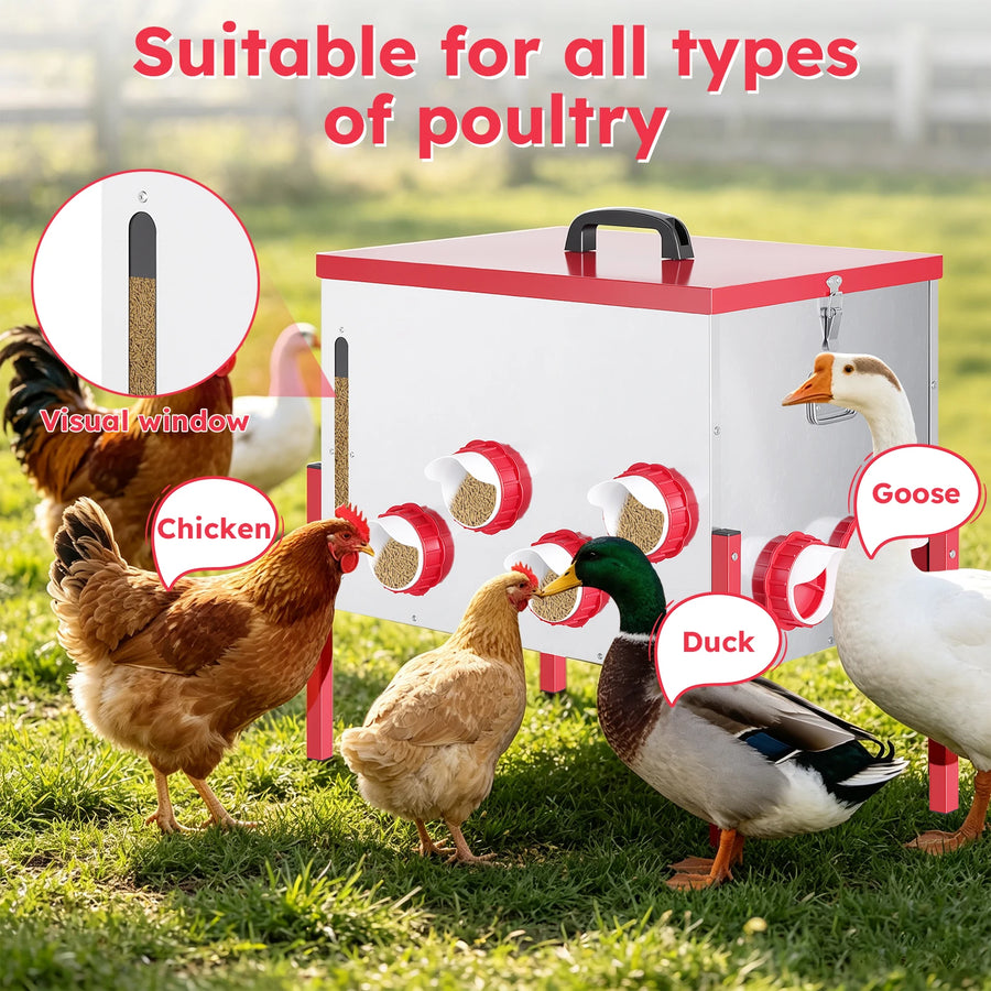 Automatic Chicken Feeder 130LBS Large Capacity 12 Anti-Waste Ports Metal Poultry Feeder with Height Adjustable Stand Waterproof Rodent Proof Feed Box with Lid Viewing Window for Hens Ducks Geese