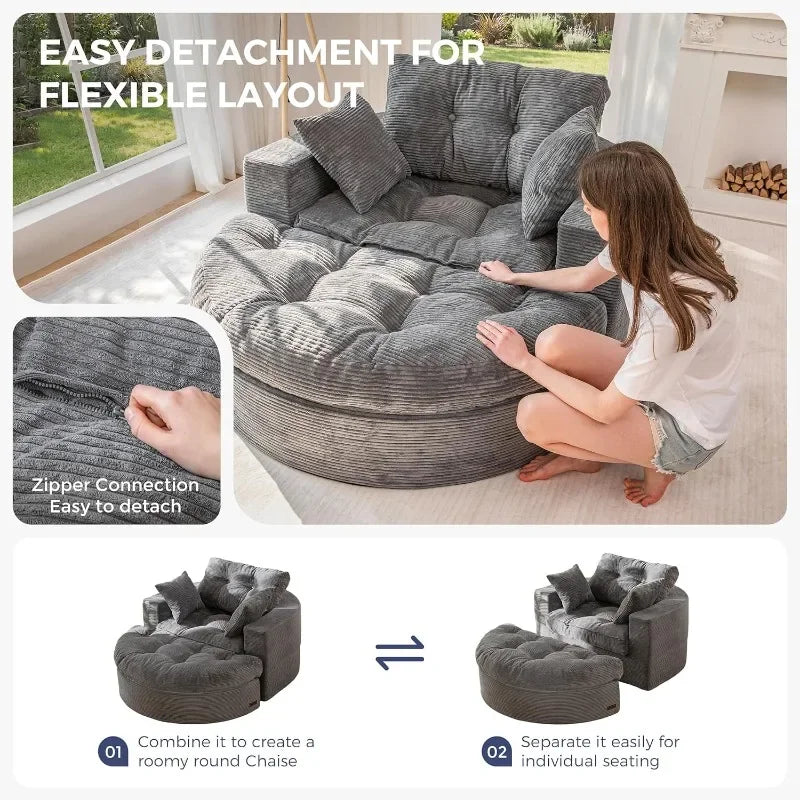 MAXYOYO Oversized Round Chaise Lounge Sofa, Upholstered Lounge Chair with 3 Pillows, Boneless Sofa Couch with Ottoman,Deep Seat