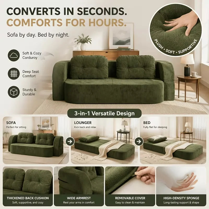 Vacuum Compressed Sofa Bed Convertible 2 in 1 Folding Couch with Soft Cushions Space Saving Floor Sofa for Living Room Bedroom Apartment Guest Room Lounge Modern Upholstered Sleeper Sofa in Blue or Green Easy Setup Comfortable Seating for Adults