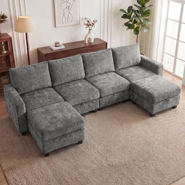 Redlife Modular Sectional Sofa Set with 2 Ottomans, U Shaped Convertible Couch with Storage, 4 Seat Convertible Sectional Couches for Large Living Room, Cloud-Like Comfort