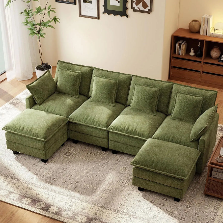 107" Modular Sectional Cloud Sofa, U Shaped 6 Seat Chenille Couch with Movable Ottoman and 48" Deep Seat,, Customized