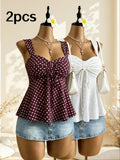 Women Sweetheart Neck Drawstring Ruched Peplum Cami Top Polka Dot Print Sleeveless Casual Camisole Outfit