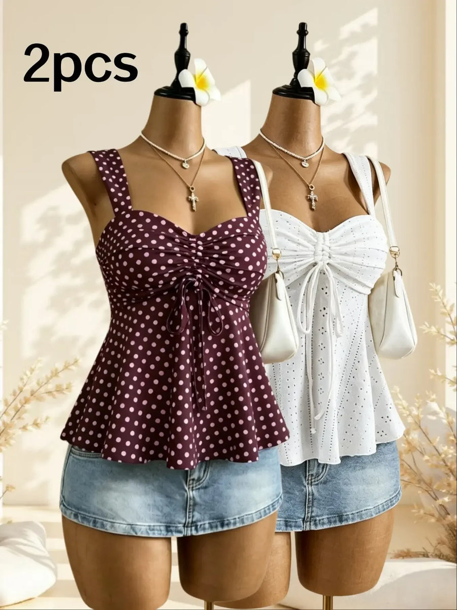 Women Sweetheart Neck Drawstring Ruched Peplum Cami Top Polka Dot Print Sleeveless Casual Camisole Outfit